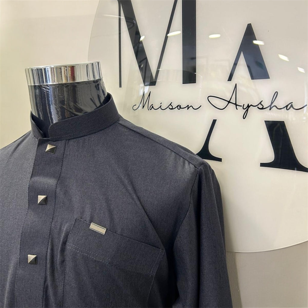 Qamis saoudien premium détail argenté - Bleu marine