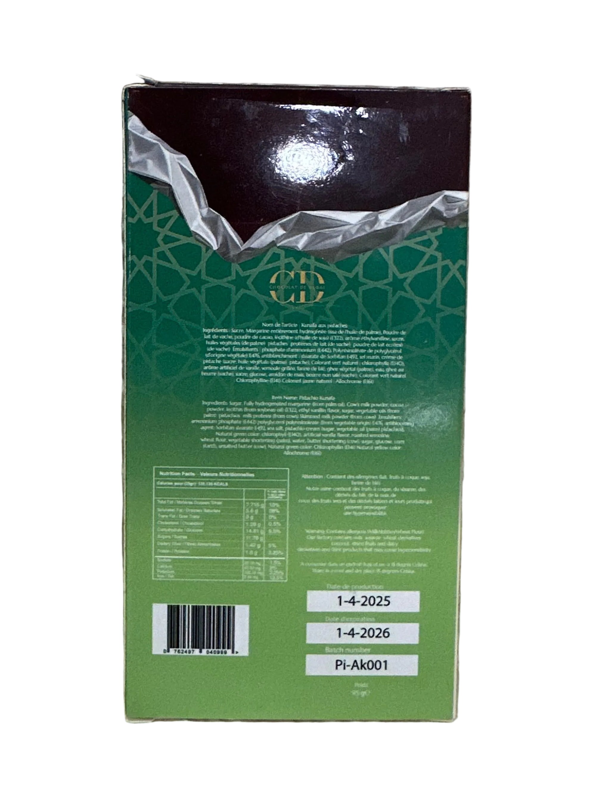 Tablette de chocolat Dubaï - Kunafa Pistache